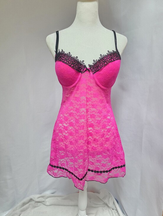 Other - Hot Pink Lace Babydoll Chemise Lingerie Black Trim Padded Cups Adjustable Straps